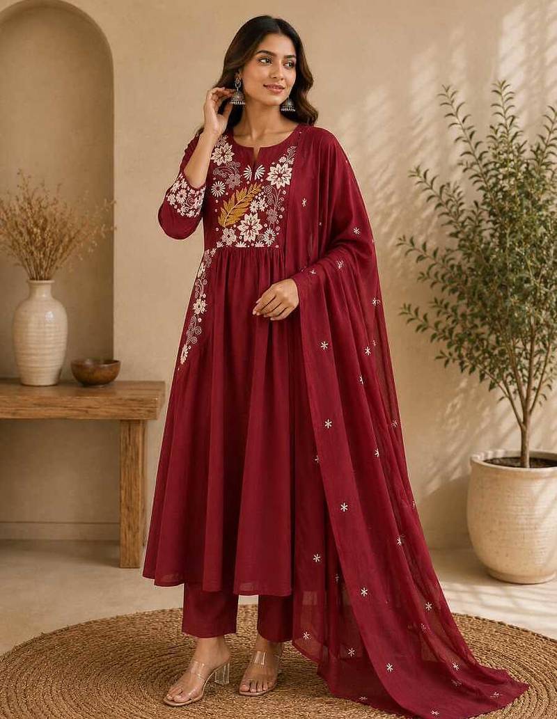 Maroon embroidered cotton kurta with pant & dupatta set for women