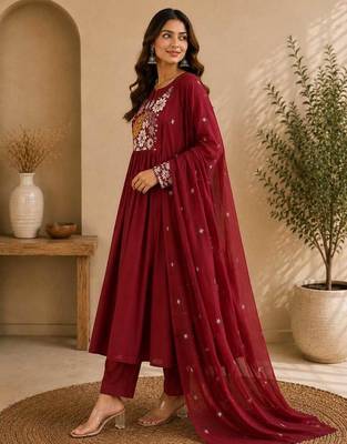 Maroon embroidered cotton kurta with pant & dupatta set for women 3