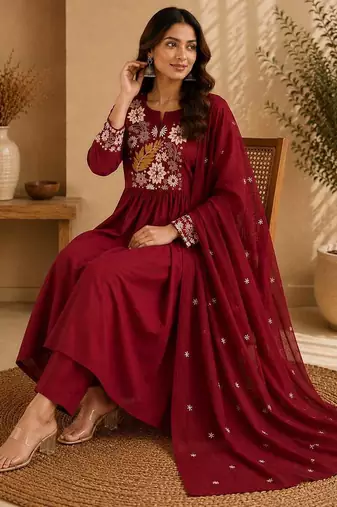 Maroon embroidered cotton kurta with pant & dupatta set for women