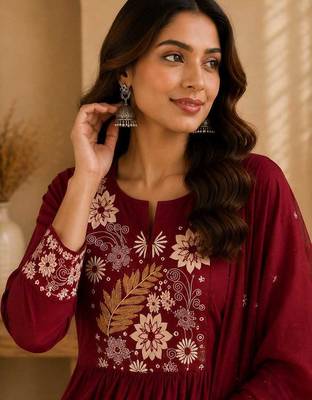 Maroon embroidered cotton kurta with pant & dupatta set for women 5