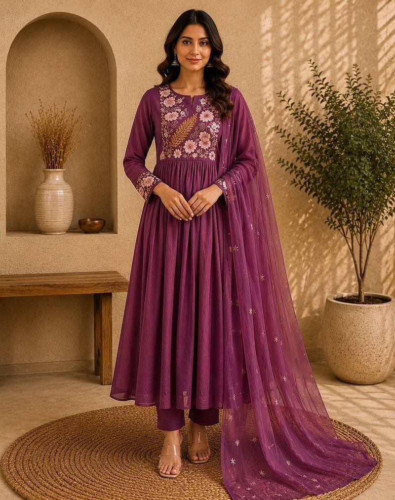 Mauve pink embroidered cotton kurta with pant & dupatta set for women