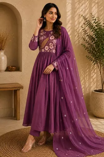 Mauve pink embroidered cotton kurta with pant & dupatta set for women