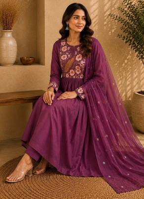Mauve pink embroidered cotton kurta with pant & dupatta set for women 4