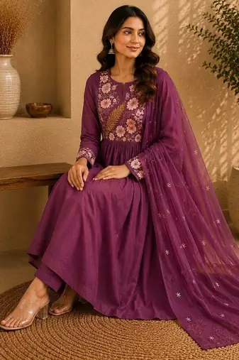 Mauve pink embroidered cotton kurta with pant & dupatta set for women