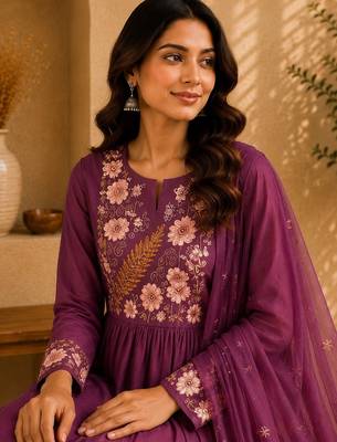 Mauve pink embroidered cotton kurta with pant & dupatta set for women 5