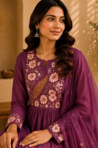 Mauve pink embroidered cotton kurta with pant & dupatta set for women