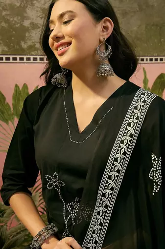 Black cotton floral print kurta & trousers with dupatta set for women