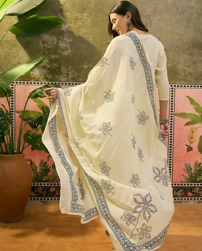Off-white cotton floral print kurta & trousers with dupatta set for women
