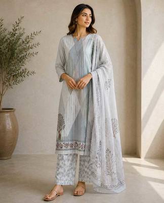 Grey sequined cotton kurta with pant & dupatta set for women 1