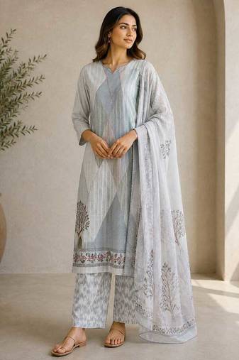 Grey sequined cotton kurta with pant & dupatta set for women