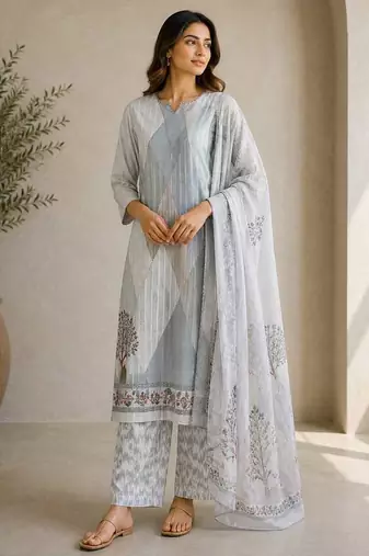 Grey sequined cotton kurta with pant & dupatta set for women