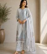 Grey sequined cotton kurta with pant & dupatta set for women
