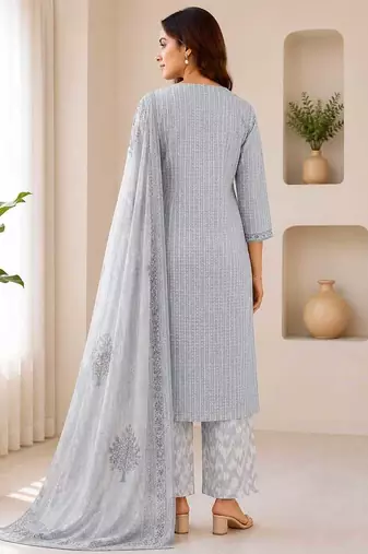Grey sequined cotton kurta with pant & dupatta set for women