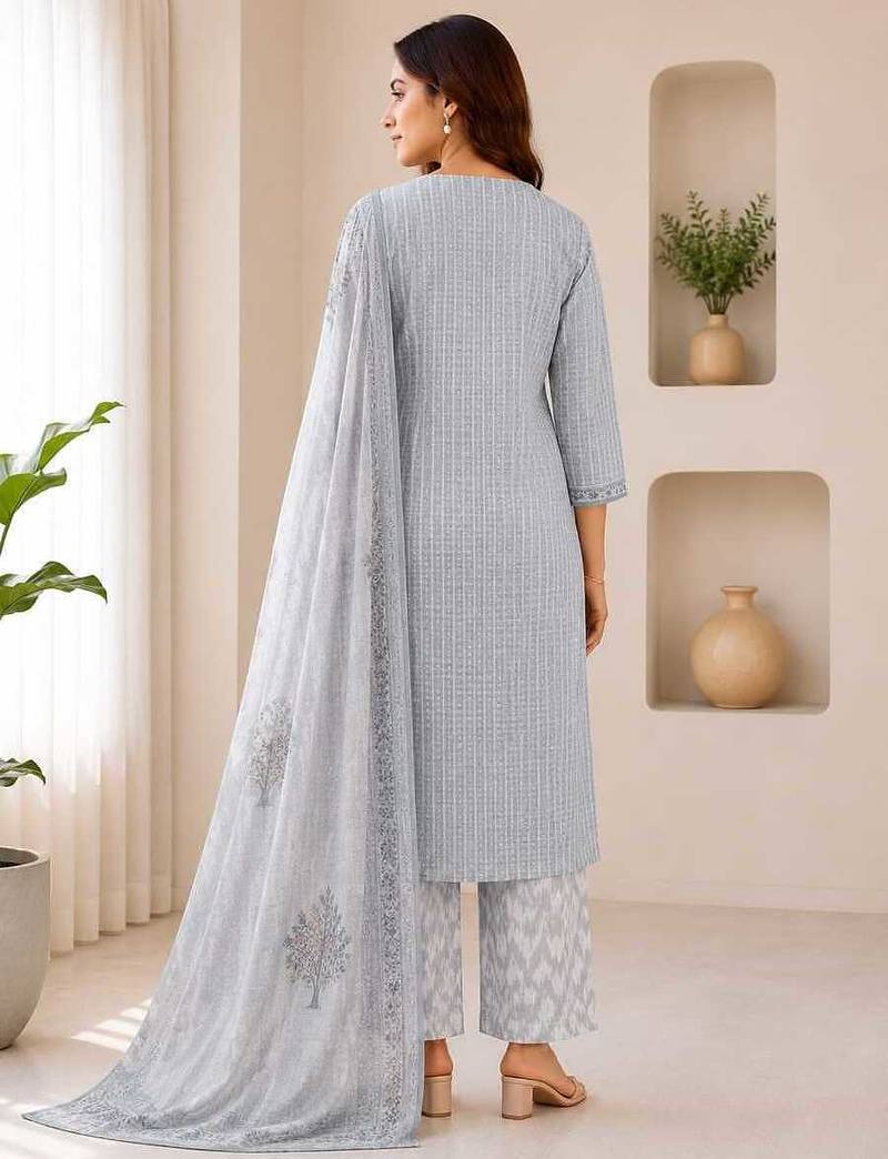 Grey sequined cotton kurta with pant & dupatta set for women