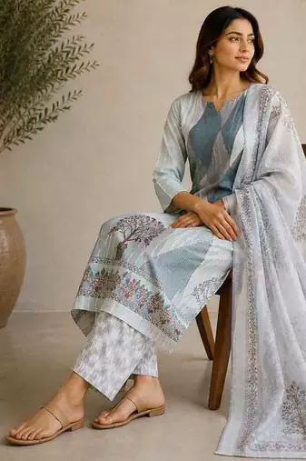 Grey sequined cotton kurta with pant & dupatta set for women