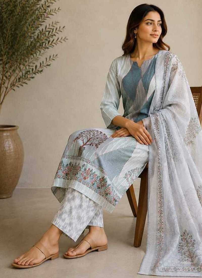 Grey sequined cotton kurta with pant & dupatta set for women