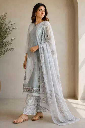 Grey sequined cotton kurta with pant & dupatta set for women