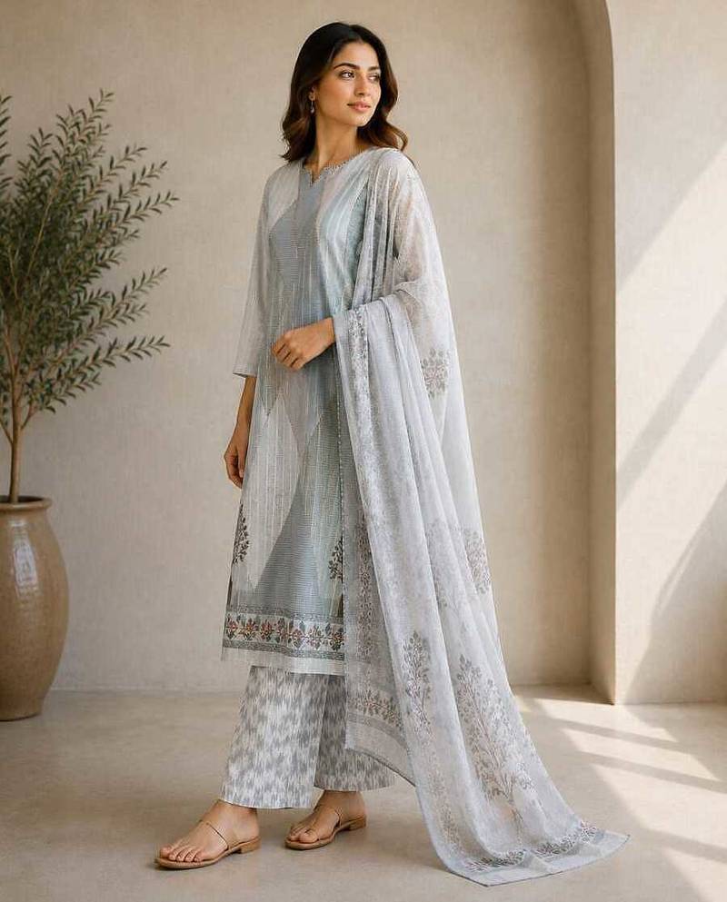 Grey sequined cotton kurta with pant & dupatta set for women