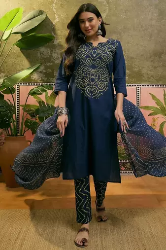Teal blue cotton printed kurta & trousers with dupatta set for women