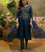 Teal blue cotton printed kurta & trousers with dupatta set for women