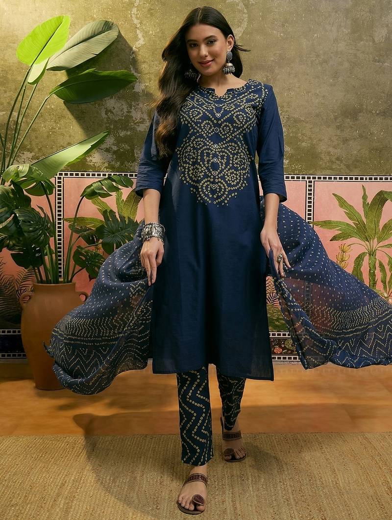 Teal blue cotton printed kurta & trousers with dupatta set for women