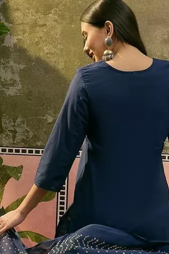 Teal blue cotton printed kurta & trousers with dupatta set for women