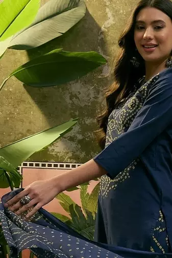 Teal blue cotton printed kurta & trousers with dupatta set for women