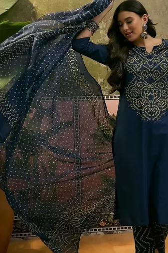 Teal blue cotton printed kurta & trousers with dupatta set for women