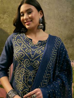 Teal blue cotton printed kurta & trousers with dupatta set for women 5
