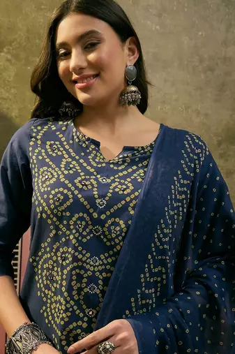 Teal blue cotton printed kurta & trousers with dupatta set for women