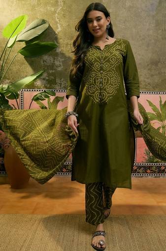 Olive green cotton printed kurta & trousers with dupatta set for women