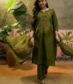 Olive green cotton printed kurta & trousers with dupatta set for women