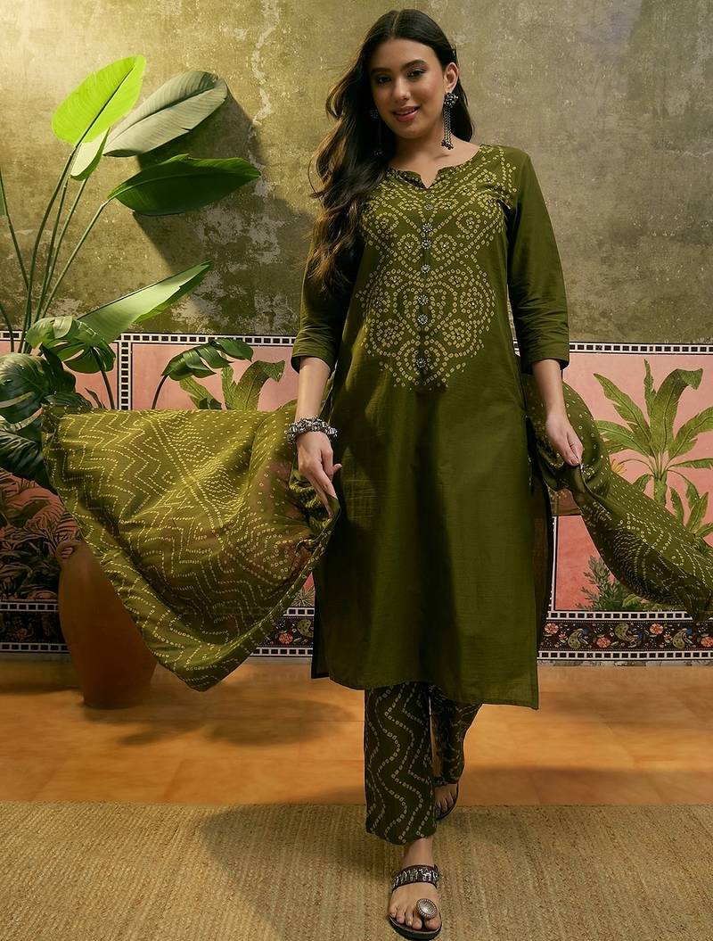 Olive green cotton printed kurta & trousers with dupatta set for women