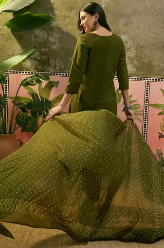 Olive green cotton printed kurta & trousers with dupatta set for women