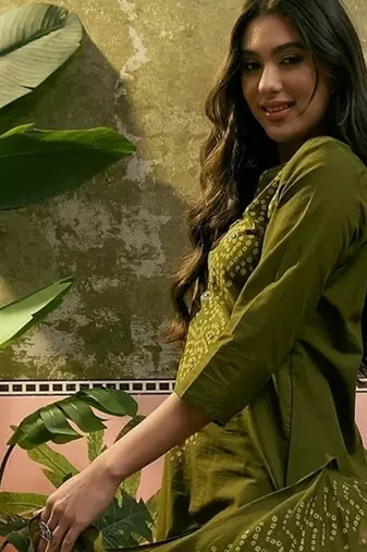 Olive green cotton printed kurta & trousers with dupatta set for women
