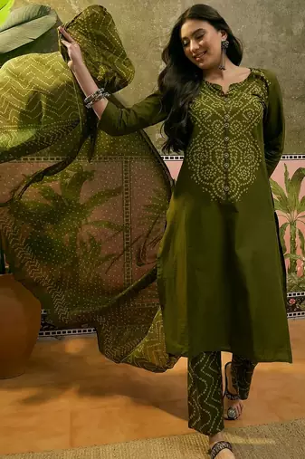 Olive green cotton printed kurta & trousers with dupatta set for women