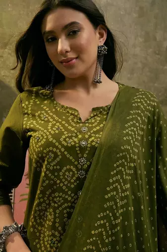 Olive green cotton printed kurta & trousers with dupatta set for women