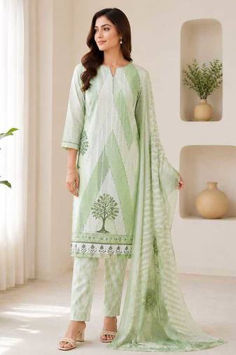 Green sequined cotton kurta with pant & dupatta set for women