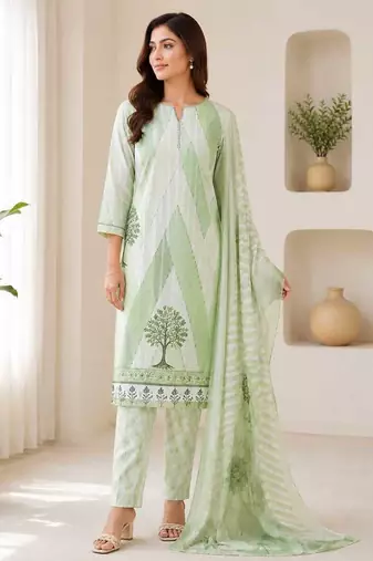 Green sequined cotton kurta with pant & dupatta set for women