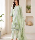 Green sequined cotton kurta with pant & dupatta set for women