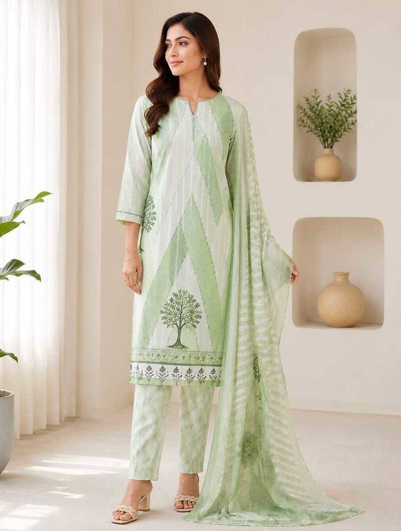 Green sequined cotton kurta with pant & dupatta set for women