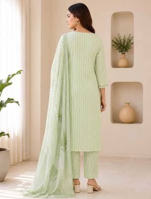Green sequined cotton kurta with pant & dupatta set for women 2