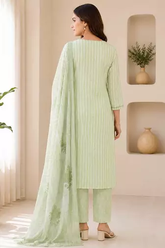 Green sequined cotton kurta with pant & dupatta set for women