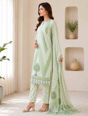 Green sequined cotton kurta with pant & dupatta set for women 3