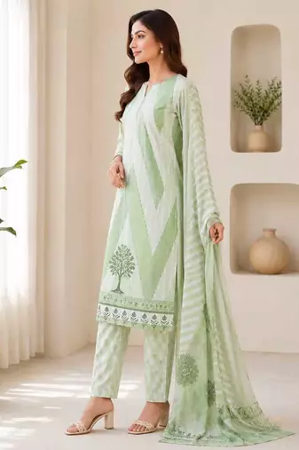 Green sequined cotton kurta with pant & dupatta set for women
