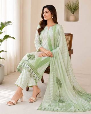 Green sequined cotton kurta with pant & dupatta set for women 4