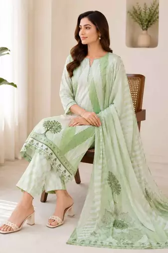 Green sequined cotton kurta with pant & dupatta set for women