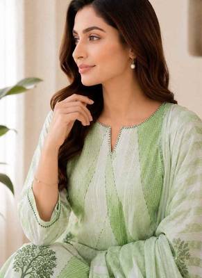 Green sequined cotton kurta with pant & dupatta set for women 5