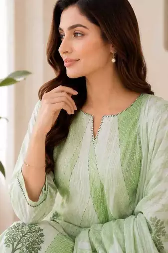 Green sequined cotton kurta with pant & dupatta set for women