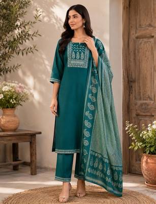Turquoise blue cotton kurta pant & dupatta set for women 2